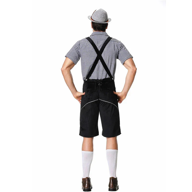 Stijlvol herenlederhosen-set met verfijnde borduursels en geruit overhemd – Ideaal voor feesten