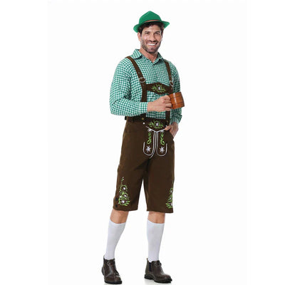 Stijlvol herenlederhosen-set met verfijnde borduursels en geruit overhemd – Ideaal voor feesten