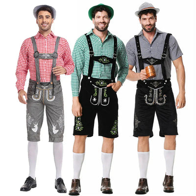 Stijlvol herenlederhosen-set met verfijnde borduursels en geruit overhemd – Ideaal voor feesten