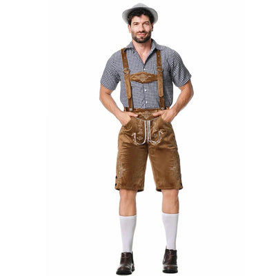 Stijlvol herenlederhosen-set met verfijnde borduursels en geruit overhemd – Ideaal voor feesten
