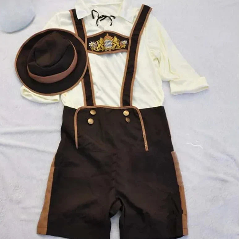 Authentiek heren Oktoberfest kostuum met shirt, bretels en traditionele Beierse hoed voor de ideale feestlook