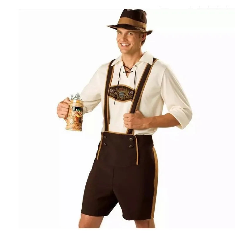 Authentiek heren Oktoberfest kostuum met shirt, bretels en traditionele Beierse hoed voor de ideale feestlook