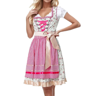Stijlvol dames-dirndl voor Oktoberfest met schort, verfijnde traditionele borduursels en elegante vierkante halslijn