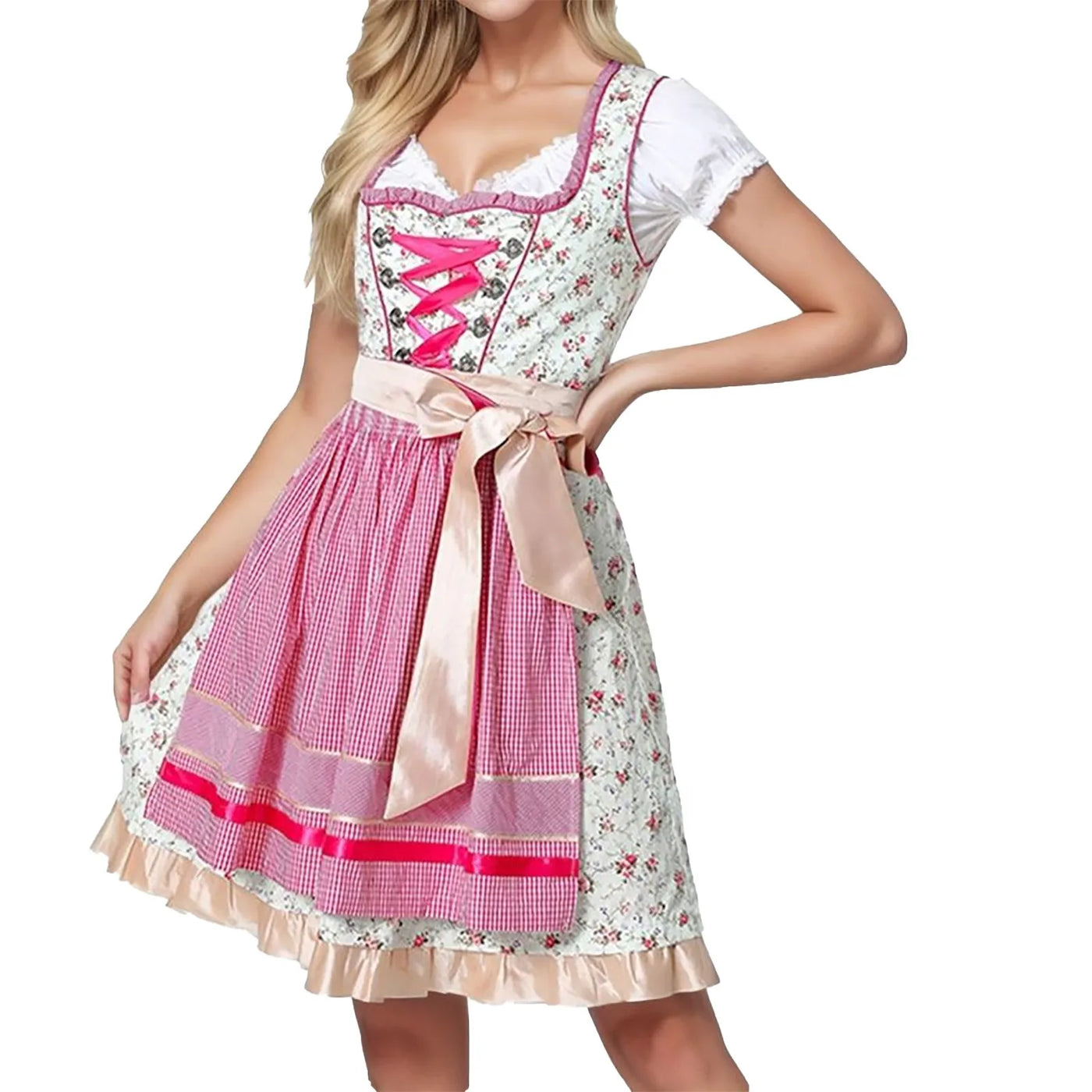 Stijlvol dames-dirndl voor Oktoberfest met schort, verfijnde traditionele borduursels en elegante vierkante halslijn