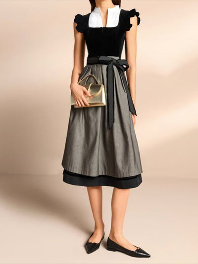 Damen Knielanges Kleid mit Schleifenakzent und Spitzen-Details
