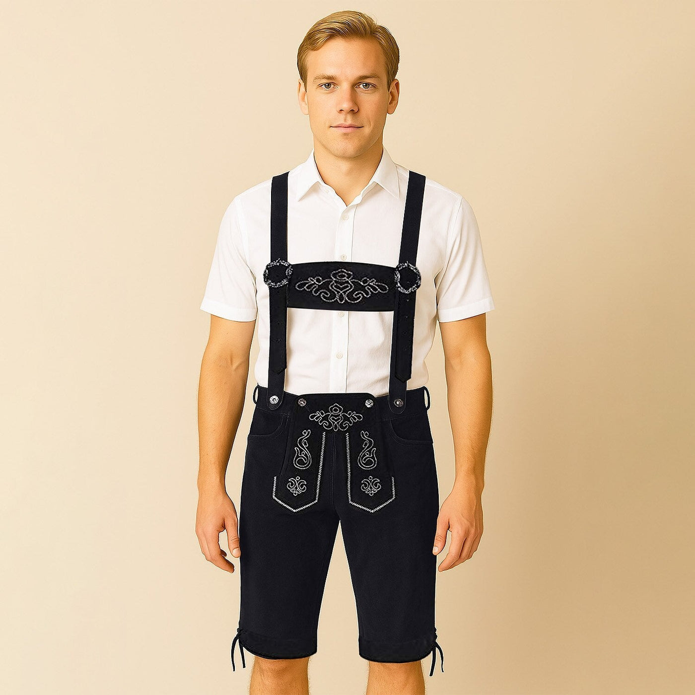 Elegante herenlederhosen-shorts met artistieke borduursels en verstelbare bretels – Ideaal voor het Oktoberfest